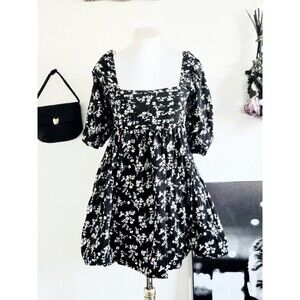 Mi Ami Francesca's Black Floral Baby Doll Mini Dress Puff Sleeve Picnic Xs